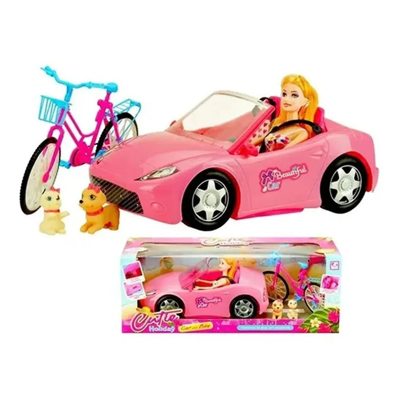 Muñeca Barbie De Vittoria Con Carro Convertible Rosa, Bicicleta Y Cachorros