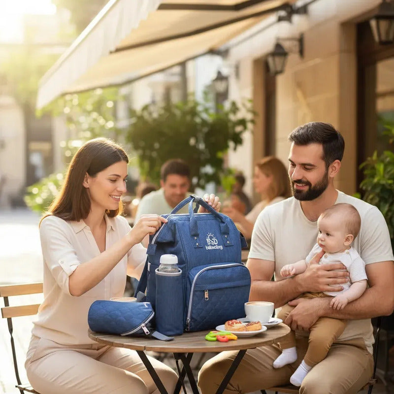 Pañalera Multifuncional Bebe Mochila Con Azul Bordado