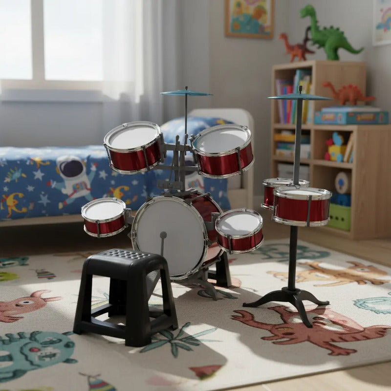 Set Batería Musical 7tambores + Silla Niños Percusión Hk8031 Color Rojo