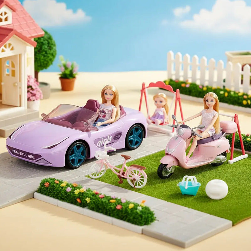 Carro Convertible Bicicleta Moto + Cachorro Muñeca Mx-64 Rosa Claro