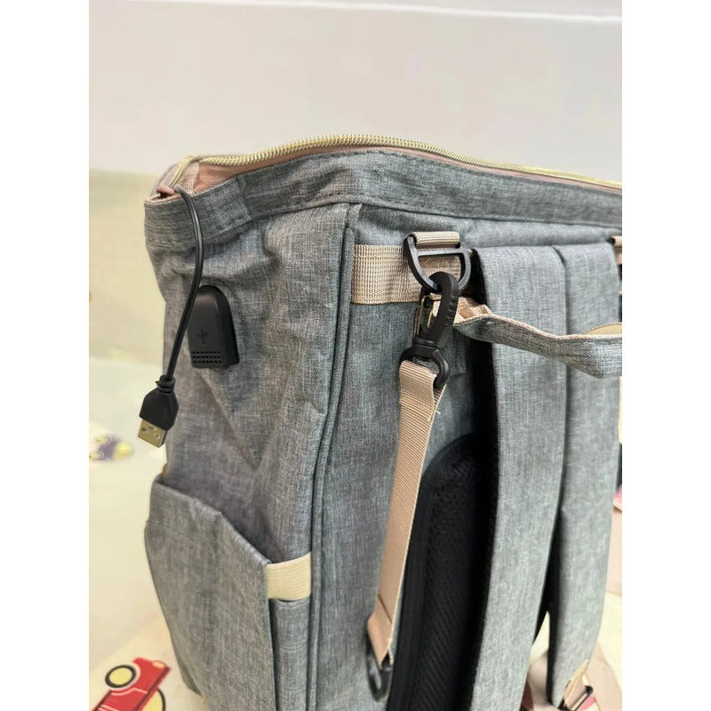 Pañalera Multifuncional Bebe Mochila Con Puerto Usb 10984-1 Gris Claro Liso