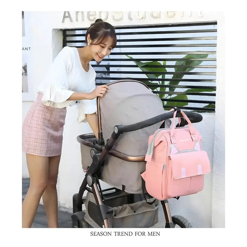 Bolso Pañalera Multifuncional Bebe Mochila Gatico Ref 1402 Color Rosa Liso