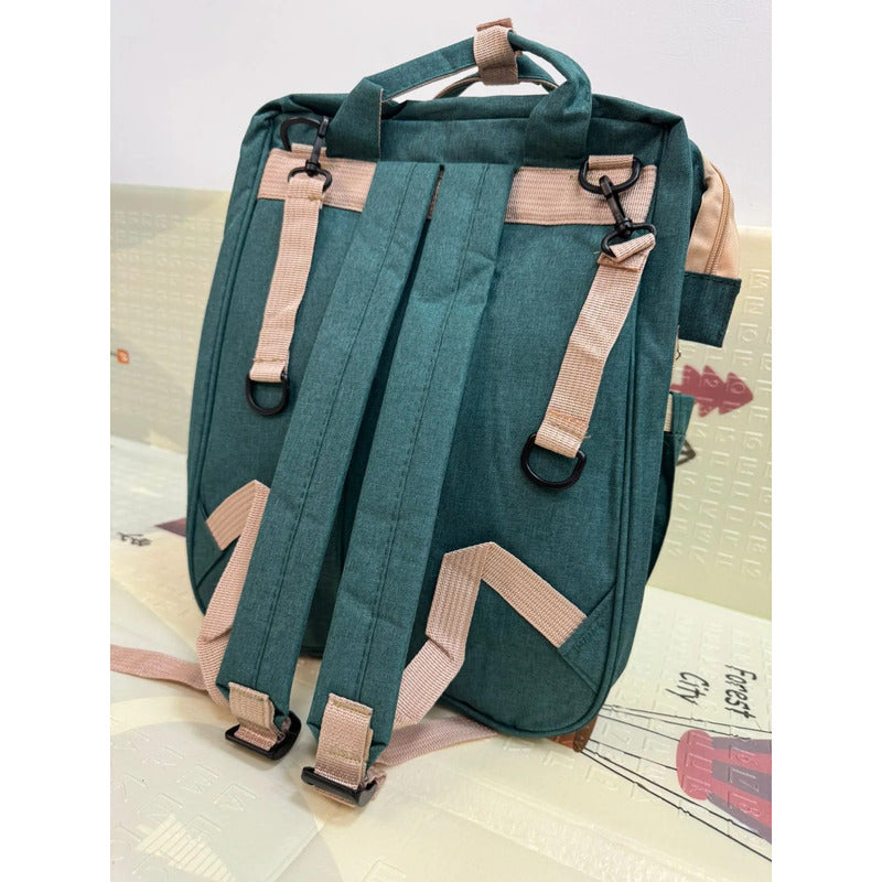 Pañalera Tipo Morral  Con Bolsillos Termicos Y Cambiador Verde Lisa