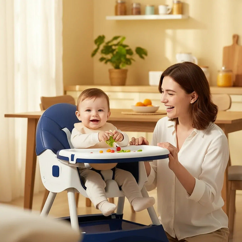Silla Comedor Bebe Doble Altura Infantil Acolchado 4 En 1 Lisa Azul