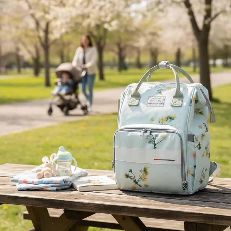 Bolso Pañalera Morral Moderno De Bebe Estampados 11519-8 Verde Claro Flores