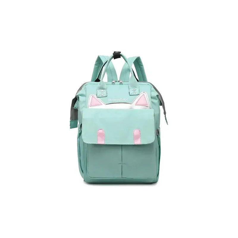 Bolso Pañalera Multifuncional Bebe Mochila Gatico Ref 1403 Color Verde Claro Diseño De La Tela Oxford