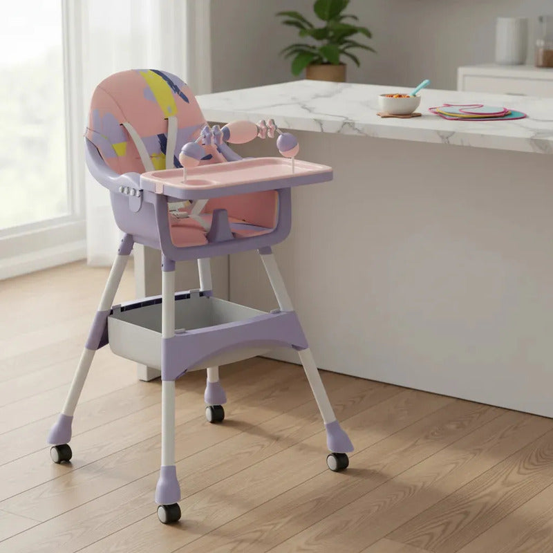 Silla Comedor Para Bebé 2 En 1 Impermeable Freno Juguetes Color Lila Manchas