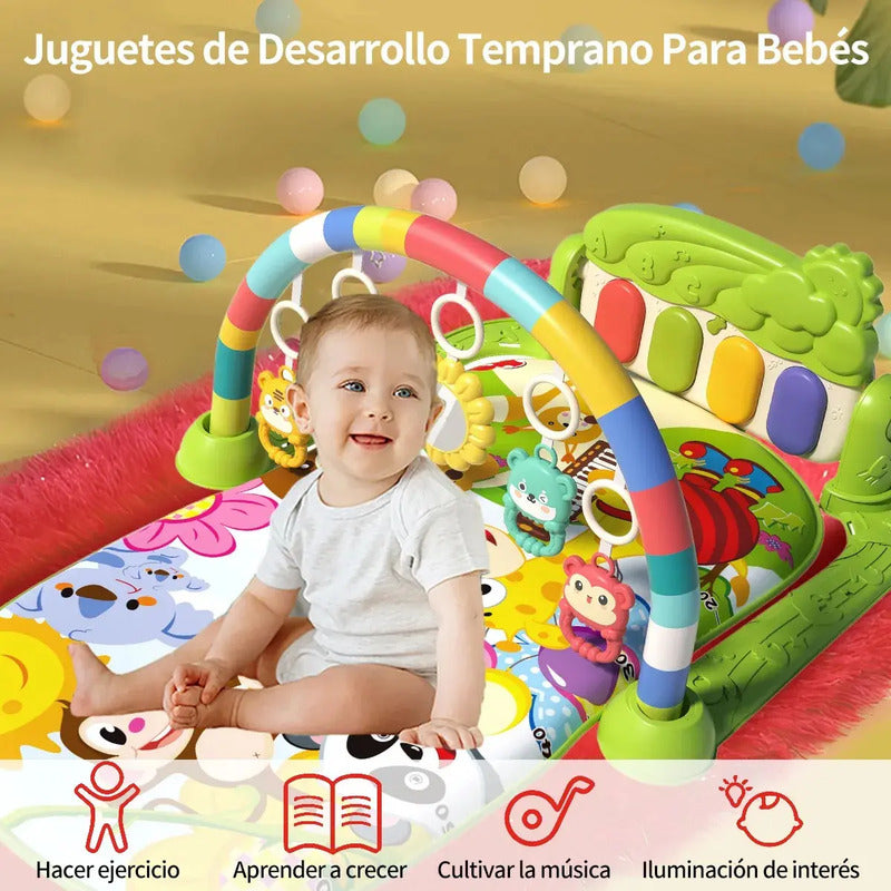 Gimnasio Acolchado Para Bebé Alfombra Infantil Con Piano Alfombra Musical Bebé Con Piano Para Patadas Azul, 5 Juguetes Colgantes Desmontables - Tapete Sensorial Plegable 1-36 Meses