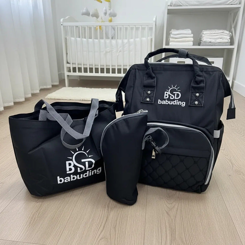 Pañalera Multifuncional Bebe Mochila Con Obsequio Negro Bordado
