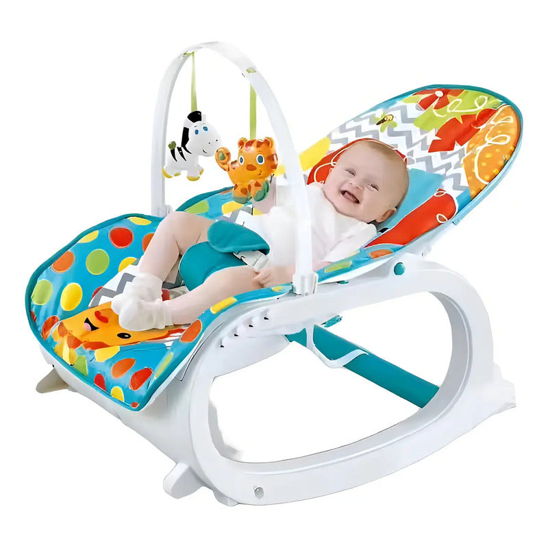 Silla Mecedora Vibradora Con Bandeja + Toldillo Azul Verdoso Multicolor Floreado