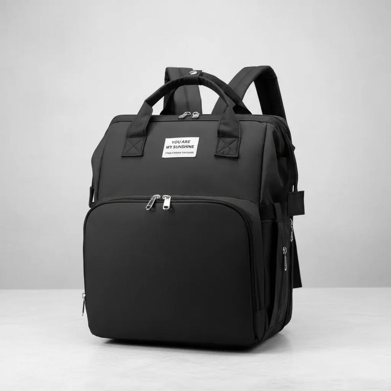 Pañalera Tipo Morral  Con Bolsillos Termicos Y Cambiador Negro Liso
