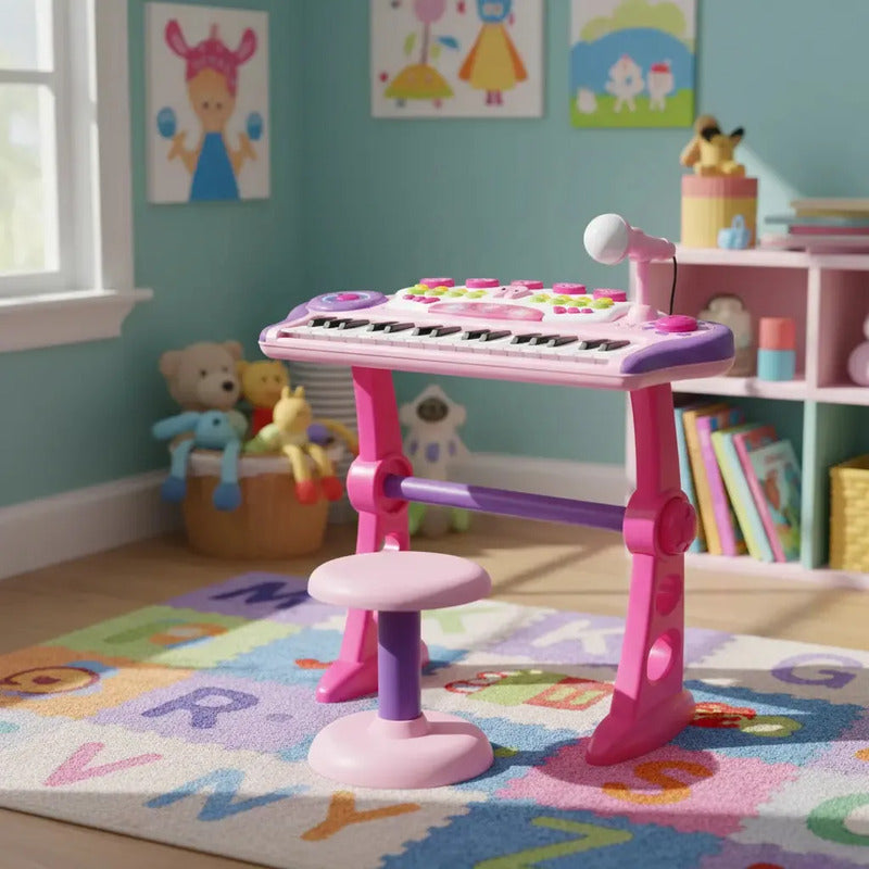 Organeta Piano Teclado Mp3 Para Niños Con Silla Rosa 110v