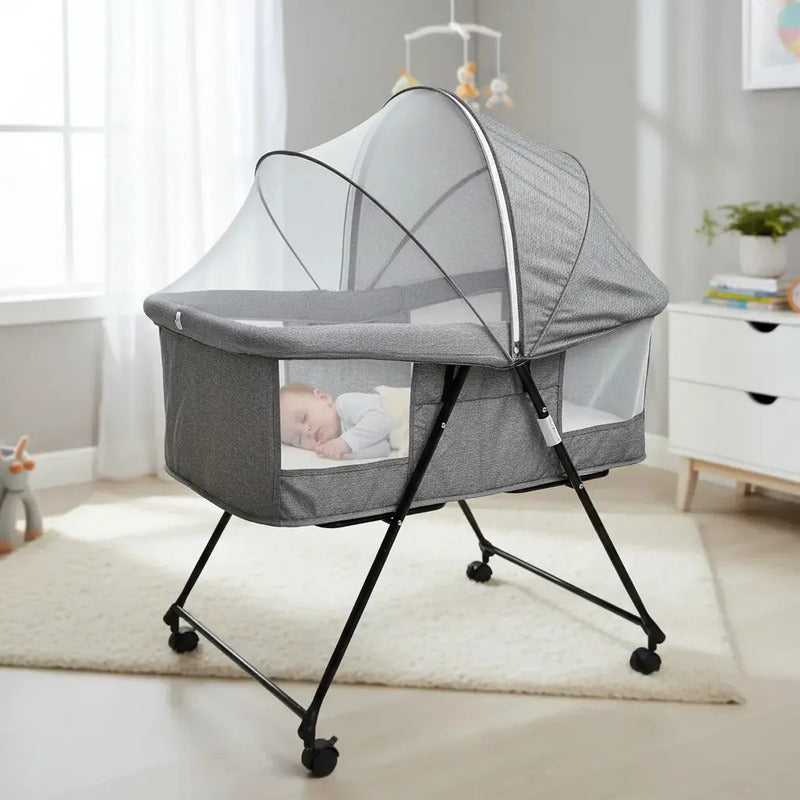 Corral Cuna Mecedora Portátil Kidshop Para Bebé Gris Con Colchón, Mosquitero Y Capota Lisa