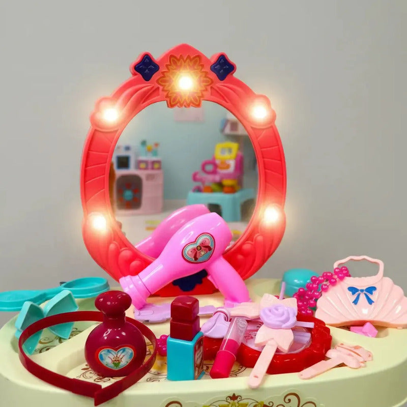 Tocador Infantil Niñas Luz Sonido Espejo Accesorios Amanda-3 Rosado