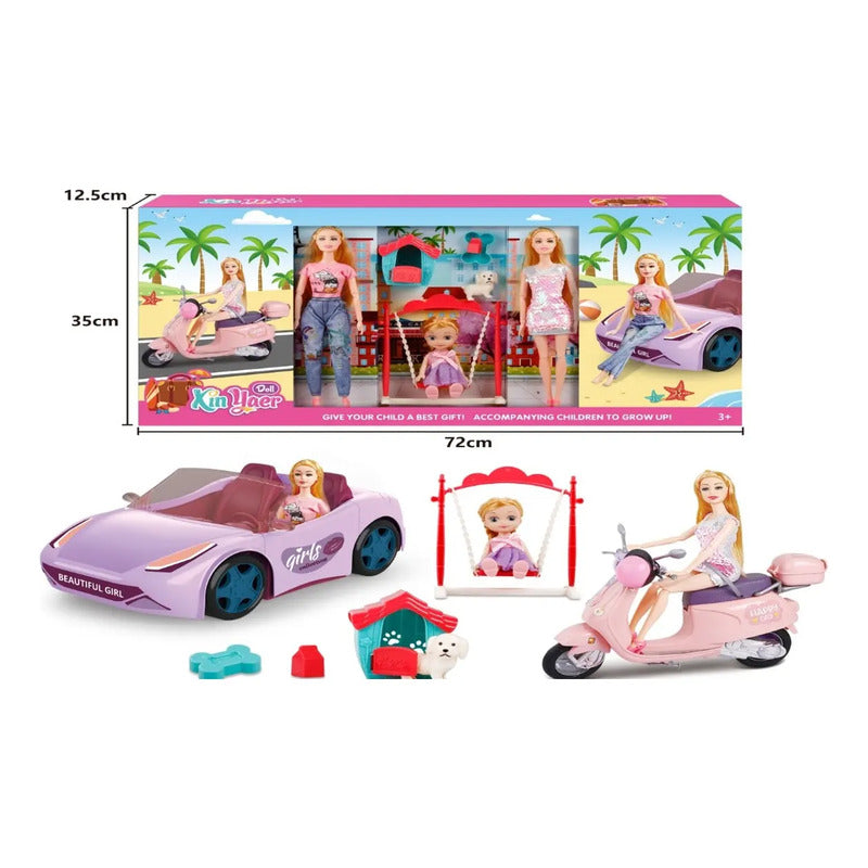 Carro Convertible Bicicleta Moto + Cachorro Muñeca Mx-64 Rosa Claro