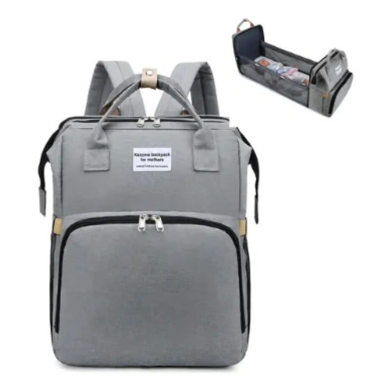 Pañalera Tipo Morral  Con Bolsillos Termicos Y Cambiador Gris Liso
