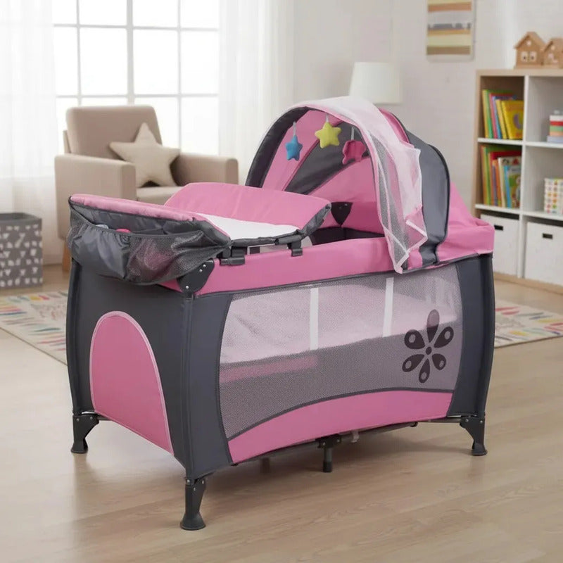 Cuna Corral Camping Plegable Con Toldillo Y Cambiador Rosado Rosa Liso