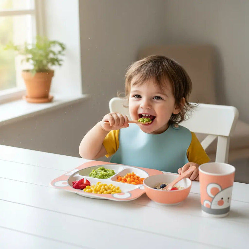 Set Vajilla Bebes Niños Bambu 5 Piezas Plato Con Divisiones