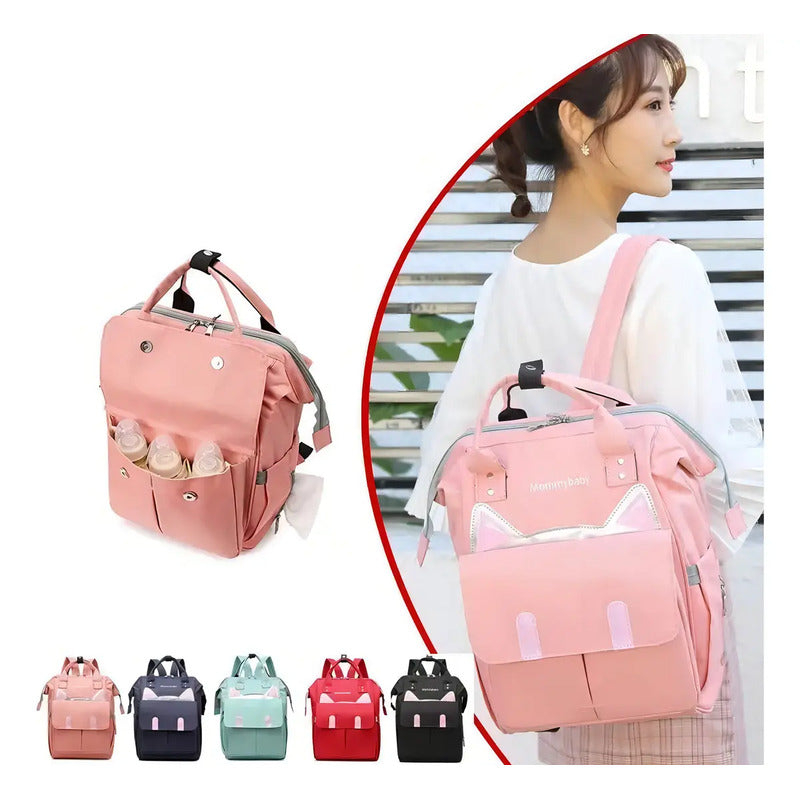 Bolso Pañalera Multifuncional Bebe Mochila Gatico Ref 1403 Color Gris Diseño De La Tela Oxford