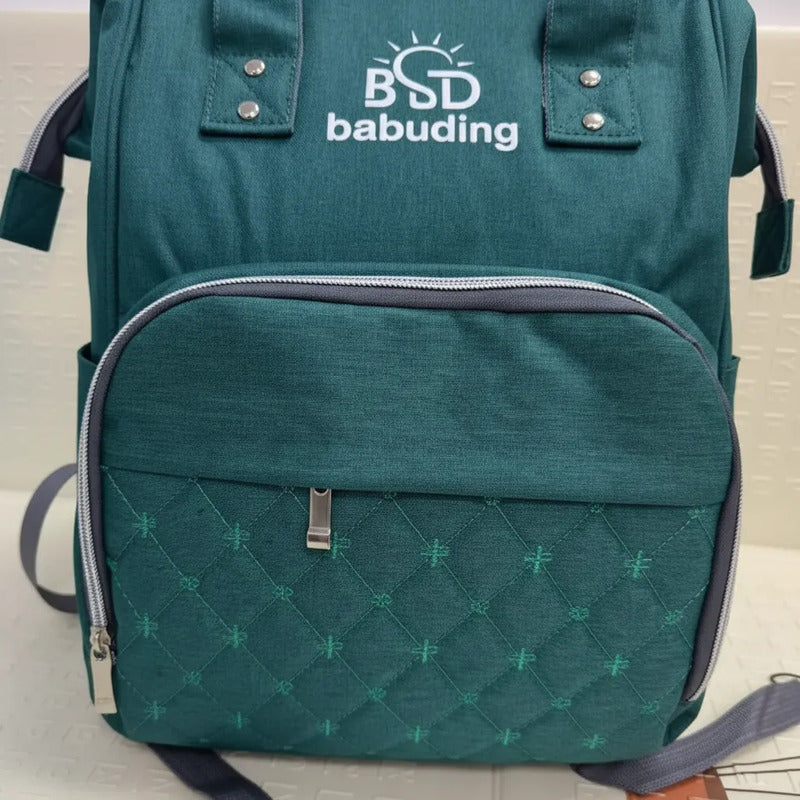 Pañalera Multifuncional Bebe Mochila Con Obsequio Verde Oscuro Bordado