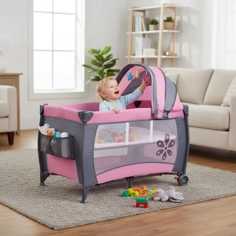 Cuna Corral Camping Plegable Con Toldillo Y Cambiador Rosado Rosa