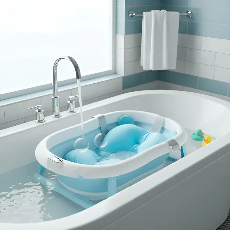 Bañera Tina Plegable De Bebé Con Termómetro + Cojín Malla Bz