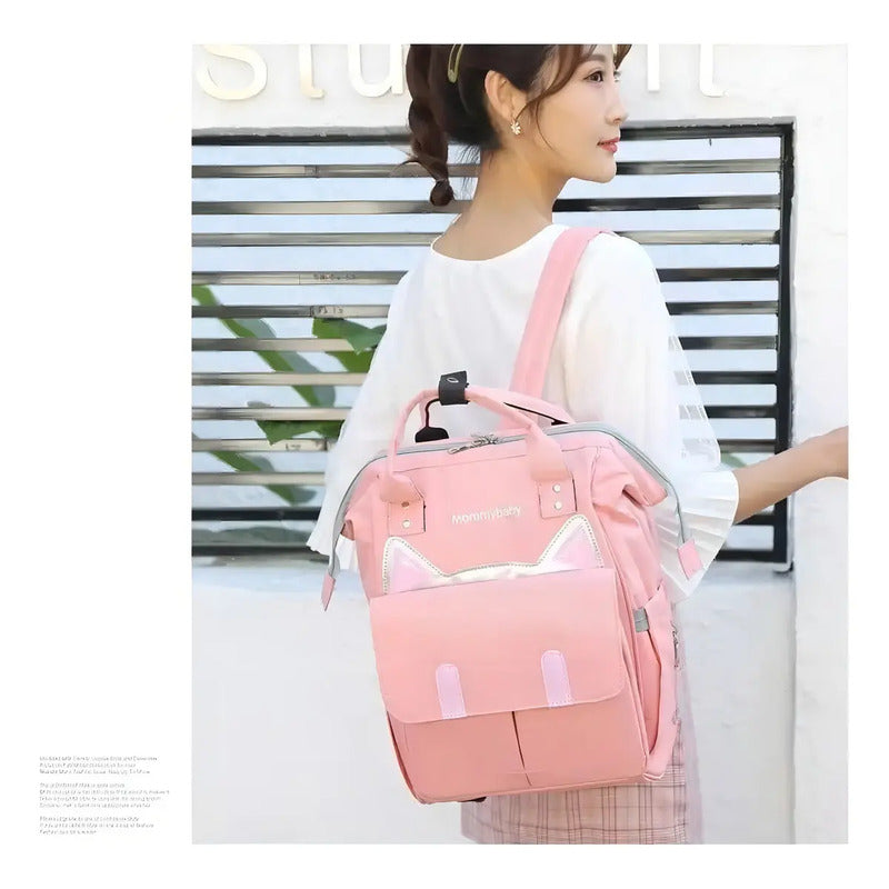 Bolso Pañalera Multifuncional Bebe Mochila Gatico Ref 1402 Color Rosa Liso