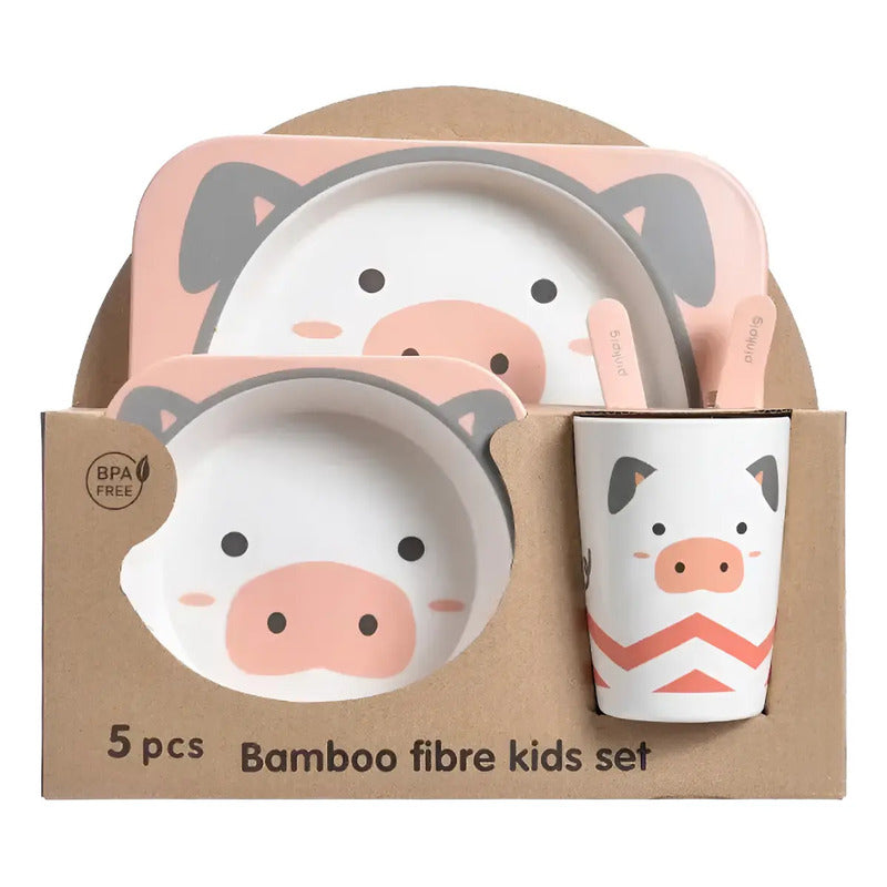 Set Vajilla Bebes Niños Bambu 5 Piezas Plato Con Divisiones