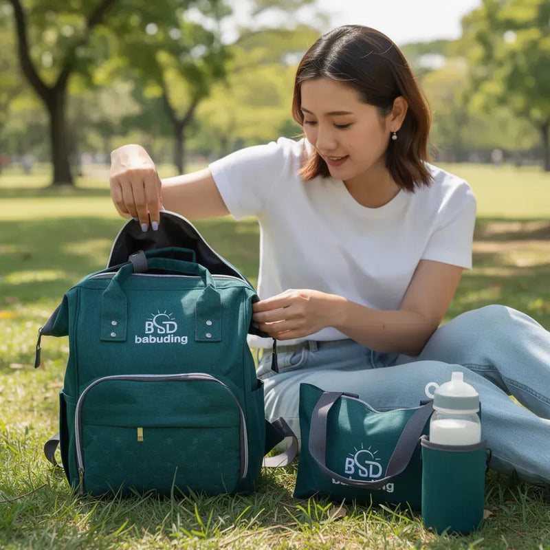 Pañalera Multifuncional Bebe Mochila Con Verde Oscuro Bordado