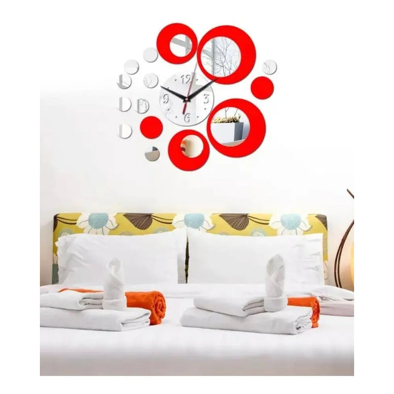 Reloj De Pared Espejo 3d Decoración Moderna Hogar Adhesivo  Plateado Rojo