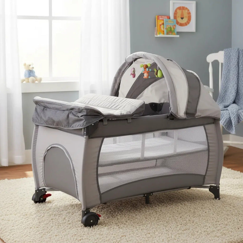 Cuna Corral Camping Plegable Con Toldillo Y Cambiador Rosado Gris Oscuro