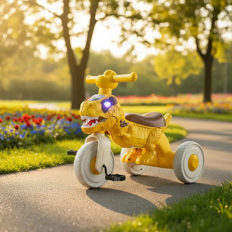 Triciclo Andador Infantil Dinosaurio Con Luces Y Música 6066 Naranja