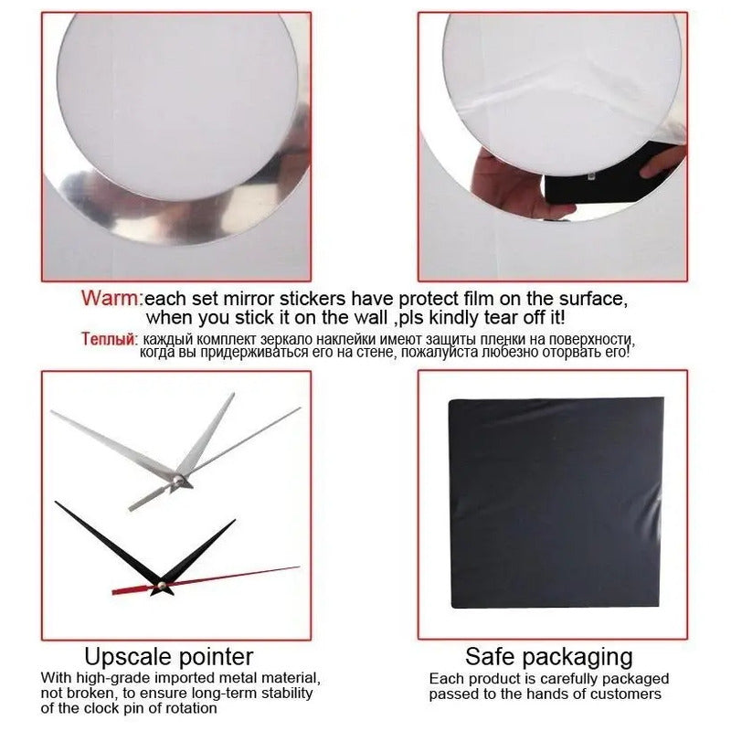 Reloj De Pared Espejo 3d Decoración Moderna Hogar Adhesivo  Plateado Rojo