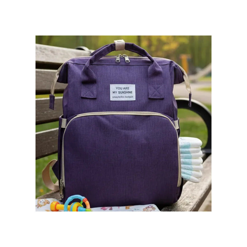 Pañalera Tipo Morral  Con Bolsillos Termicos Y Cambiador Morado Lisa