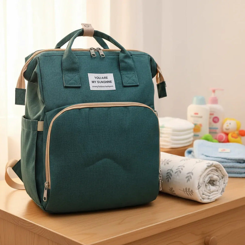 Pañalera Tipo Morral  Con Bolsillos Termicos Y Cambiador Verde Lisa