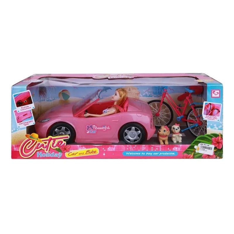 Muñeca Barbie De Vittoria Con Carro Convertible Rosa, Bicicleta Y Cachorros