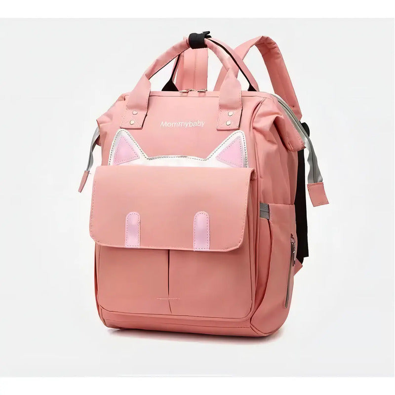 Bolso Pañalera Multifuncional Bebe Mochila Gatico Ref 1402 Color Rosa Liso