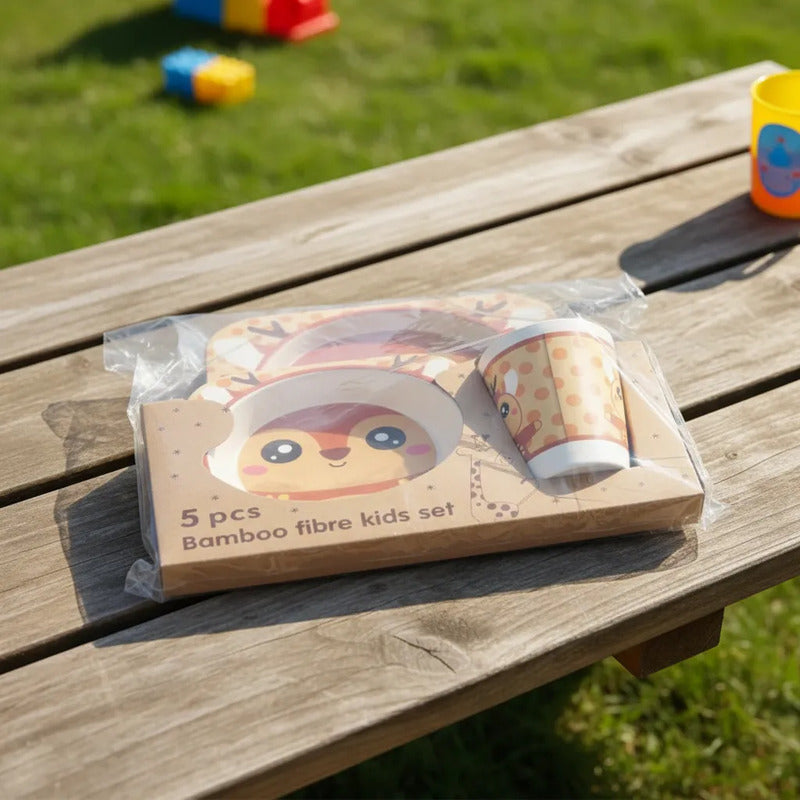 Set Vajilla Bebes Niños Bambu 5 Piezas Plato Con Divisiones