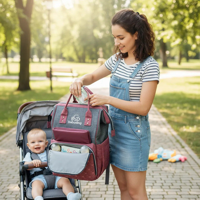 Pañalera Multifuncional Bebe Mochila Con Rojo Bordado