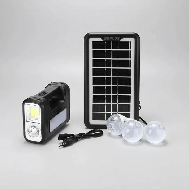 Kit Panel Solar 3 Bombillos Batería Linterna Carga Celulares Negro