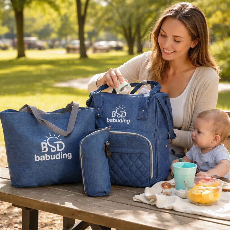 Pañalera Multifuncional Bebe Mochila Con Obsequio Azul Bordado