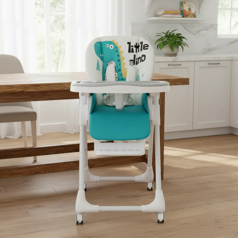 Silla Comedor Kidshop Doble Bandeja Plegable Dinosaurio Turquesa