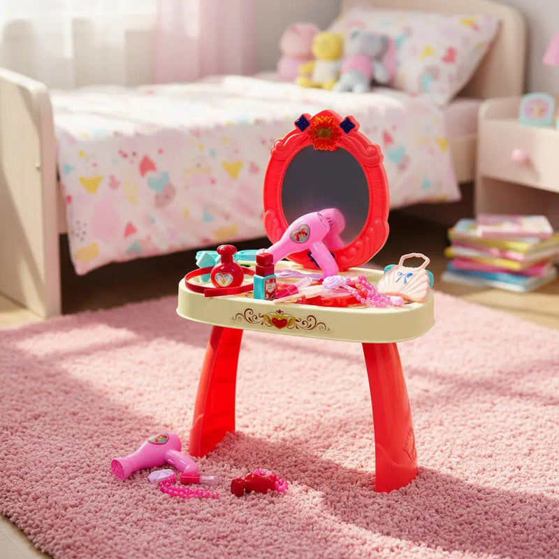 Tocador Infantil Niñas Luz Sonido Espejo Accesorios Amanda-3 Rosado