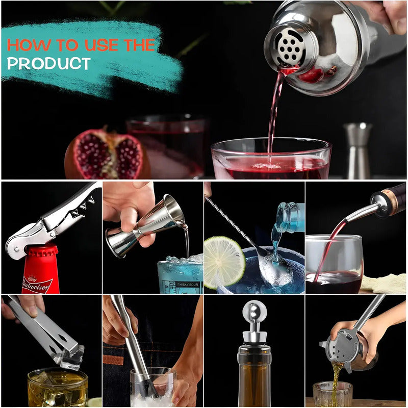 Set Bartender Kit Coctelera Vaso Preparar Bebibas Bar 13 Pza Plateado