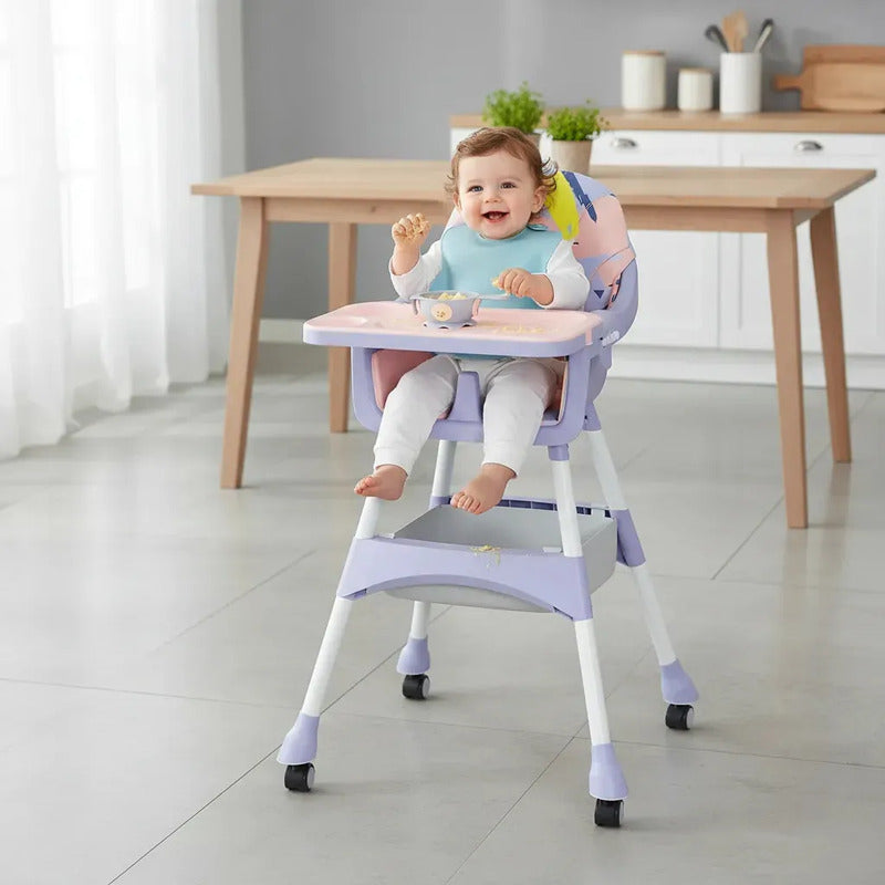 Silla Comedor Para Bebé 2 En 1 Impermeable Freno Juguetes Color Lila Manchas