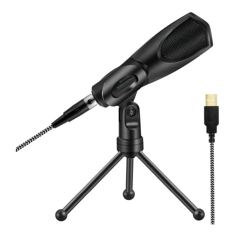 Micrófono Condensador Con Trípode Para Computador Y Cel/usb Color Negro