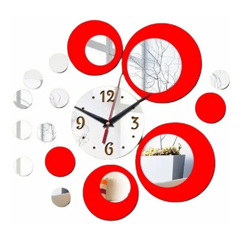 Reloj De Pared Espejo 3d Decoración Moderna Hogar Adhesivo  Plateado Rojo