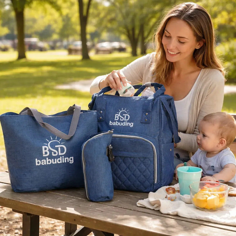 Pañalera Multifuncional Bebe Mochila Con Azul Bordado