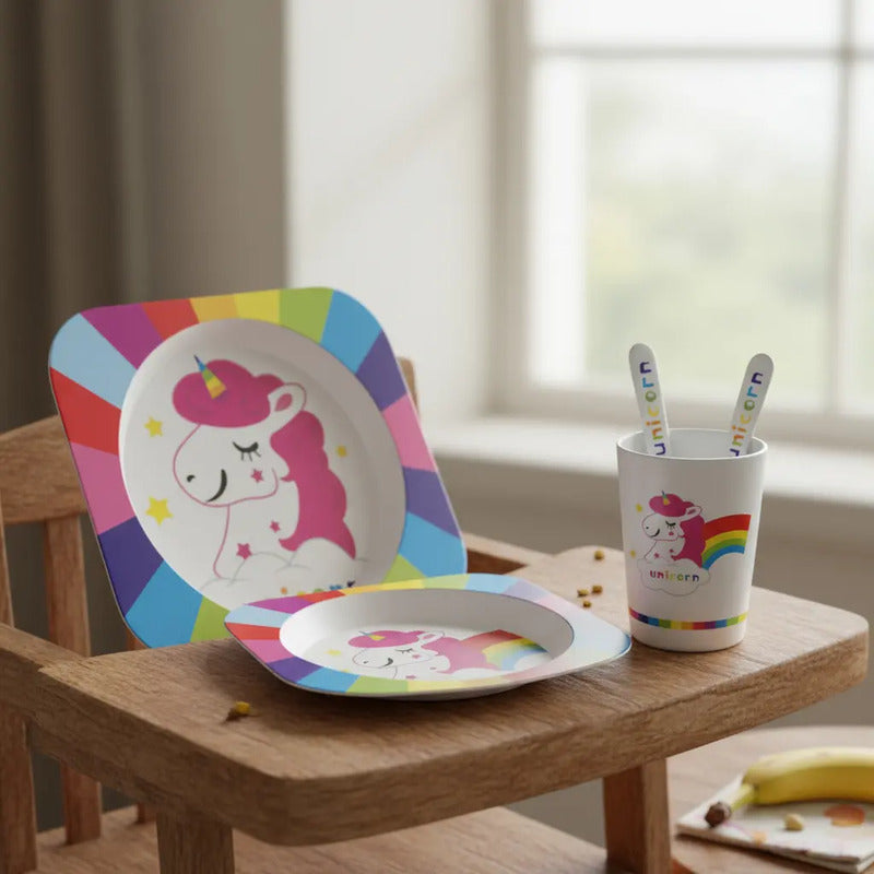 Set Vajilla Bebes Niños Bambu 5 Piezas Plato Con Divisiones