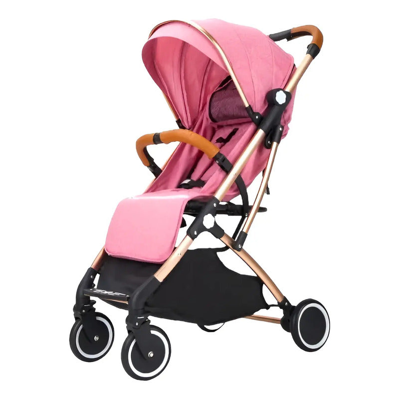 Coche Tipo Maleta Facil Plegable Para Bebe + Toldillo 8005 Color Rosa Chasis Dorado